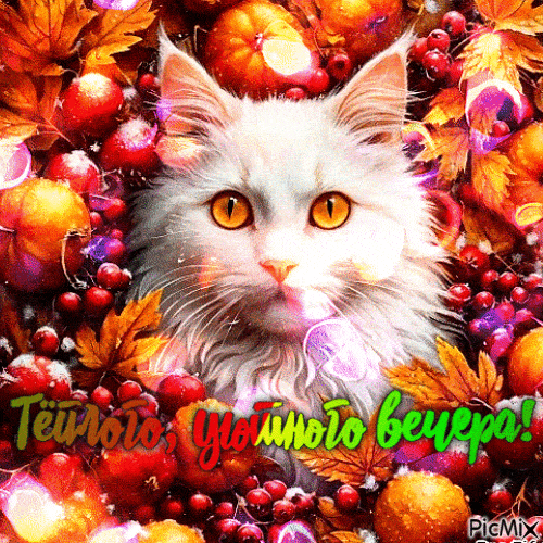 Открытка «Добрый вечер и пожелания»: Добрый вечер: пушистый белый кот в осенних листьях. Тэги: Добрый вечер красивые…