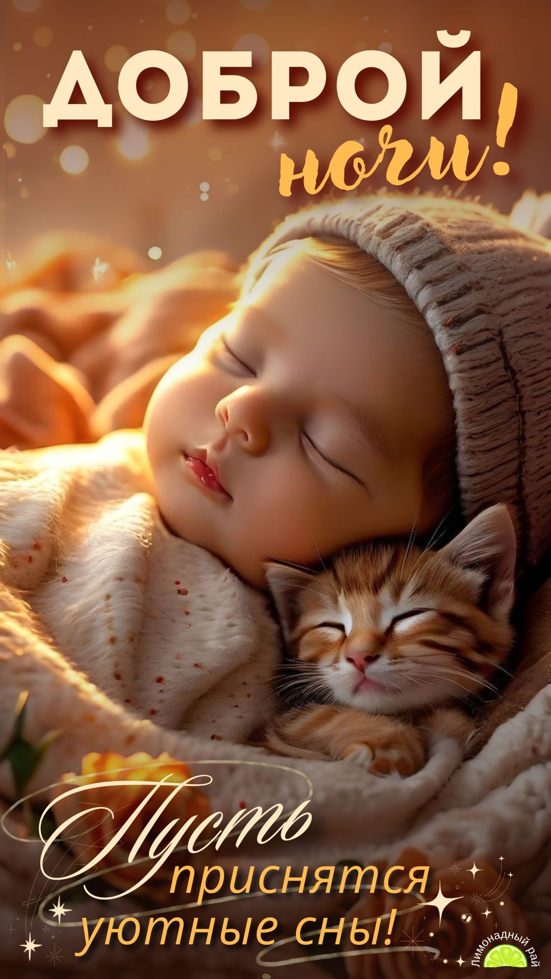 Открытка «Доброй ночи»: Доброй ночи: Сладкий сон младенца и рыжего котенка. Тэги: Спокойной ночи, Спокойной ночи…