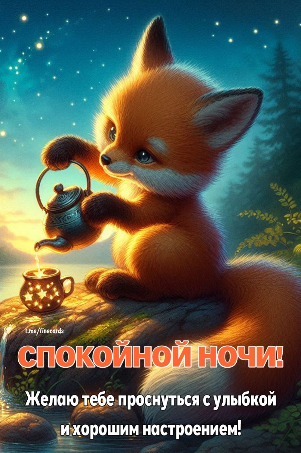 Открытка «Доброй ночи»: Спокойной ночи: милый лисенок с волшебным чаем. Тэги: Спокойной ночи, Спокойной ночи, с пожел…