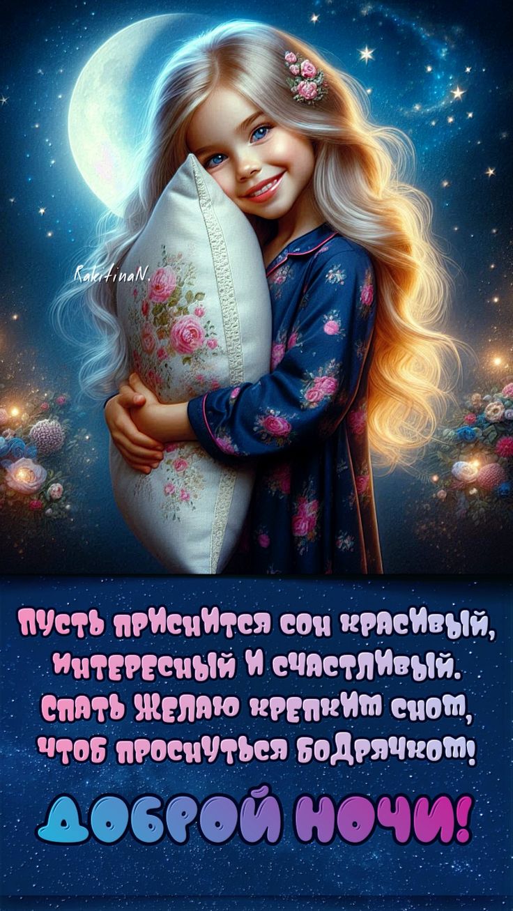 Открытка «Доброй ночи»: Доброй ночи: милая девочка с подушкой и доброе пожелание. Тэги: Спокойной ночи, Спокойной ночи…