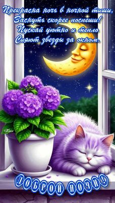 Открытка «Доброй ночи»: Доброй ночи: Спящий фиолетовый кот и луна. Тэги: Спокойной ночи, Спокойной ночи, с пожеланиями…