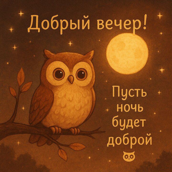 Открытка «Доброй ночи»: Добрый вечер и спокойной ночи: милая сова и луна. Тэги: Спокойной ночи, Добрый вечер и пожела…