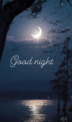 Открытка «Доброй ночи»: Спокойной ночи: Лунная дорожка и звездное небо. Тэги: Спокойной ночи, Спокойной ночи, с пожел…