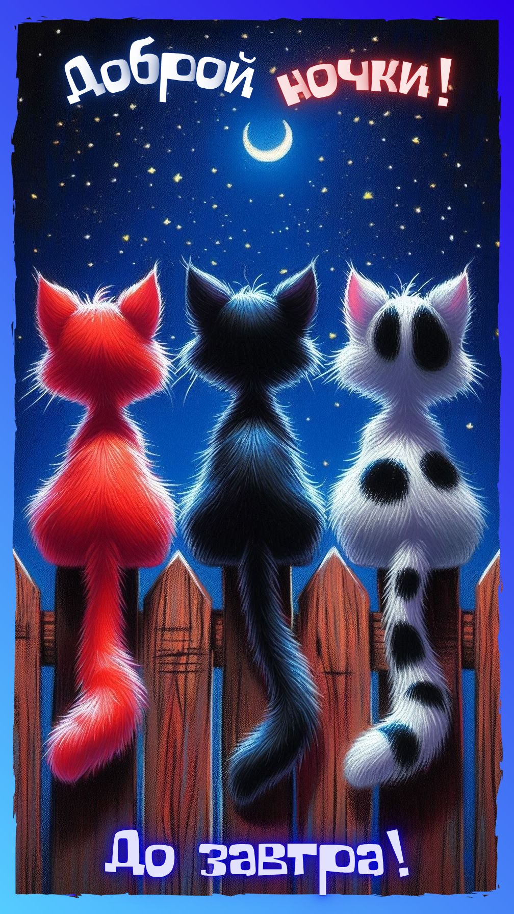 Открытка «Доброй ночи»: Доброй ночи: Три милых кота на заборе под луной. Тэги: ночной