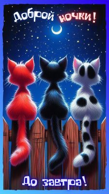 Открытка «Доброй ночи»: Доброй ночи: Три милых кота на заборе под луной. Тэги: ночной