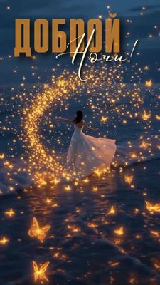 Открытка «Доброй ночи»: Спокойной ночи: Девушка и сияющие бабочки у моря. Тэги: Спокойной ночи, Спокойной ночи…