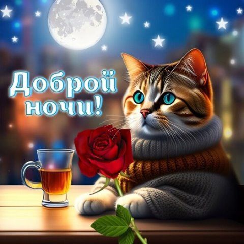 Открытка «Доброй ночи»: Спокойной ночи: милый кот с розой и чаем. Тэги: Спокойной ночи, Спокойной ночи, с пожеланиями…