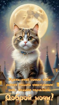 Открытка «Доброй ночи»: Доброй ночи: милый кот под огромной луной. Тэги: Спокойной ночи, Спокойной ночи, красивые…