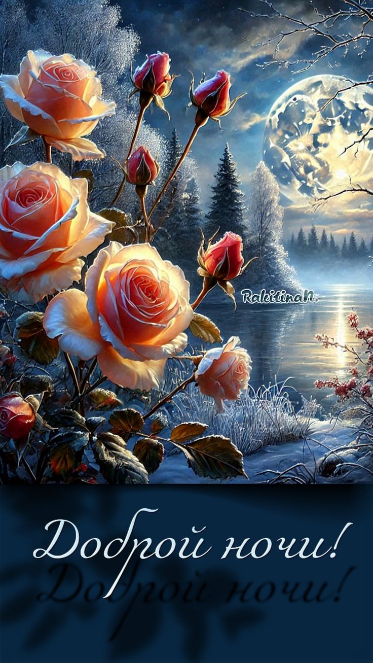 Открытка «Доброй ночи»: Доброй ночи: красивые розы под светом луны.
