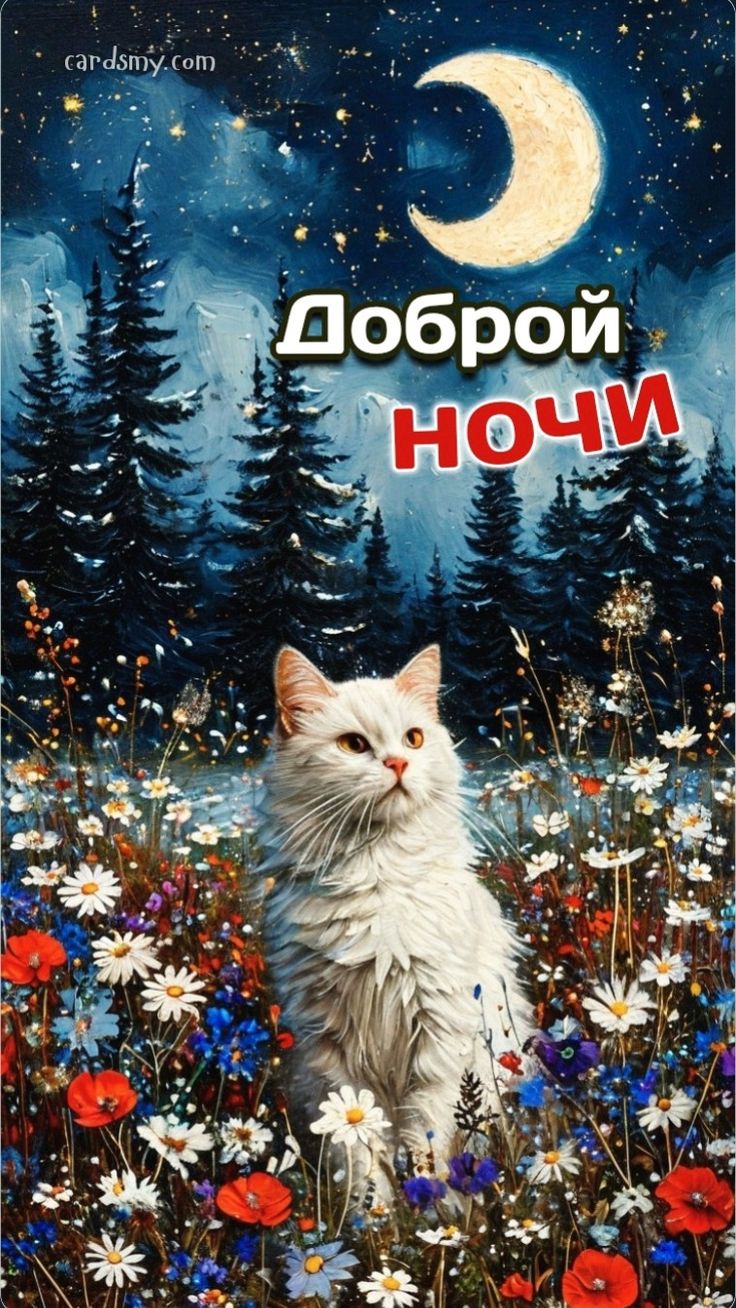 Открытка «Доброй ночи»: Спокойной ночи: «Белый кот в ночных цветах». Тэги: Спокойной ночи, Спокойной ночи, красивые…