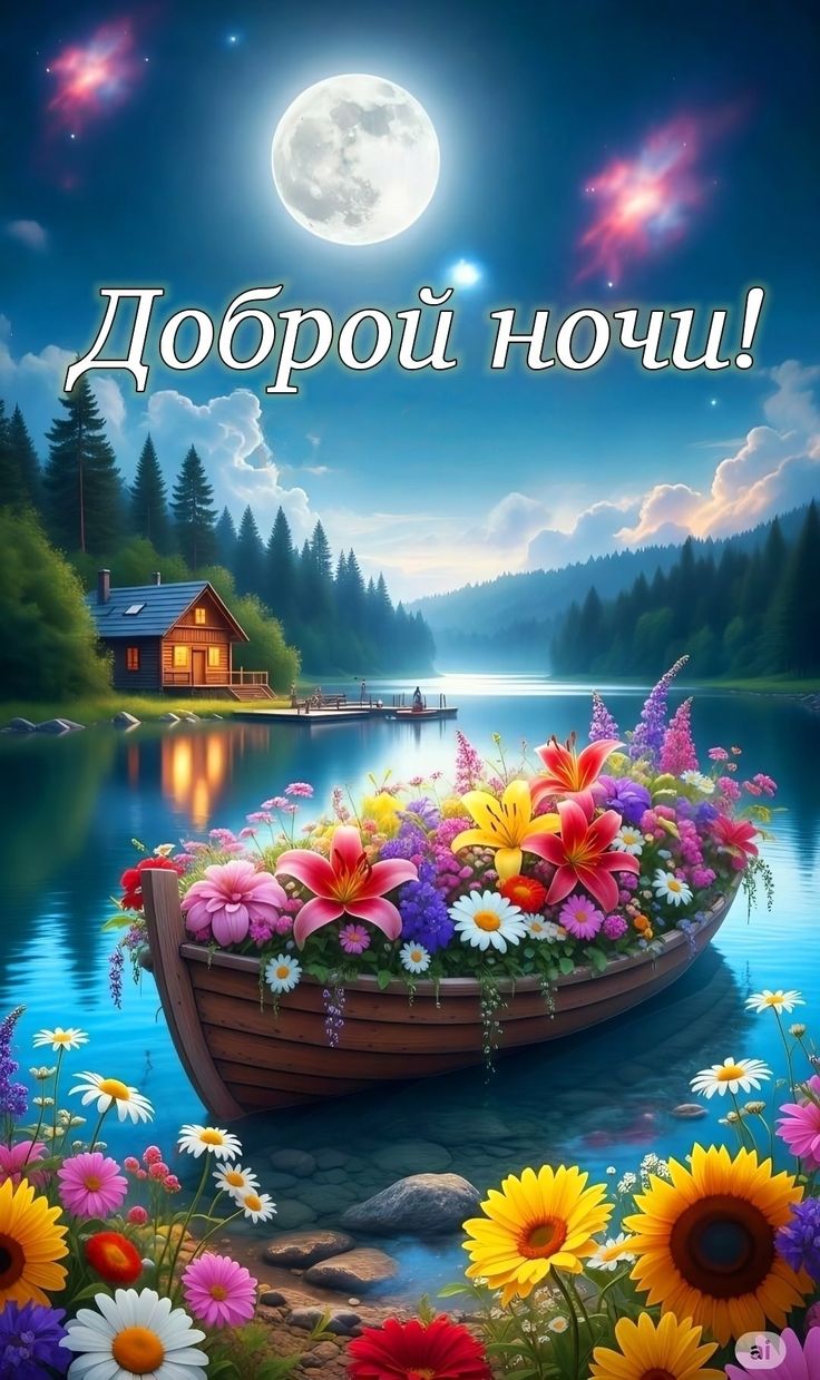 Открытка «Доброй ночи»: Спокойной и доброй ночи: лодка с цветами у озера. Тэги: Спокойной ночи, Спокойной ночи…