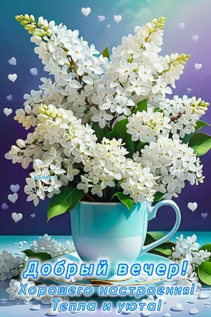 Открытка «Добрый вечер и пожелания»: Добрый вечер: «Белая сирень в чашке» для настроения. Тэги: Добрый вечер красивые…