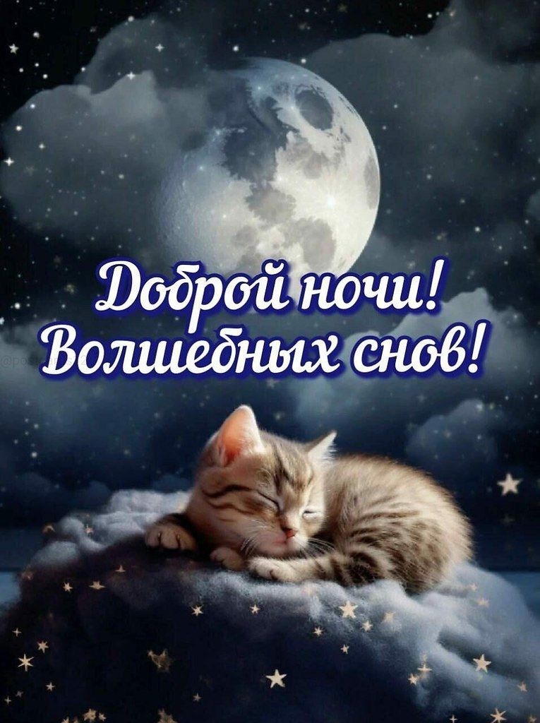 Открытка «Доброй ночи»: Доброй ночи: «Спящий котенок на облаке». Тэги: Спокойной ночи, Спокойной ночи, красивые…