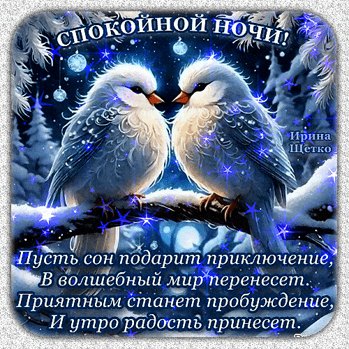 Открытка «Доброй ночи»: Спокойной ночи: две зимние птицы и пожелание счастья. Тэги: Спокойной ночи, Спокойной ночи…