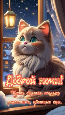 Открытка «Доброй ночи»: Доброй ночи: милый кот у окна и пожелание цветных снов. Тэги: Спокойной ночи, Спокойной ночи…