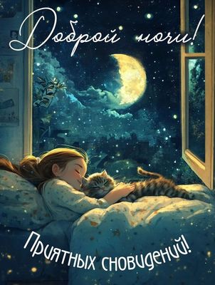 Открытка «Доброй ночи»: Доброй ночи: Спящая девочка с котом у окна под луной. Тэги: Спокойной ночи, Спокойной ночи…