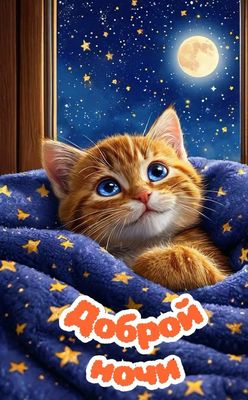 Открытка «Доброй ночи»: Спокойной и доброй ночи: рыжий котенок под луной. Тэги: Спокойной ночи, Спокойной ночи…