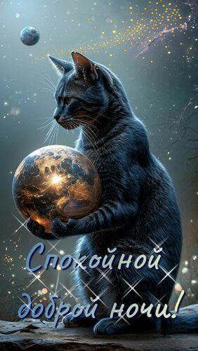 Открытка «Доброй ночи»: Спокойной ночи: Волшебный кот и сияющая планета. Тэги: Спокойной ночи, Спокойной ночи, с поже…