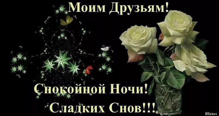 Открытка «Доброй ночи»: Спокойной ночи моим друзьям: белые розы и звезды. Тэги: Спокойной ночи, Спокойной ночи…