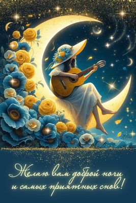 Открытка «Доброй ночи»: Спокойной ночи: Девушка с гитарой на луне. Тэги: Спокойной ночи, Спокойной ночи, красивые…