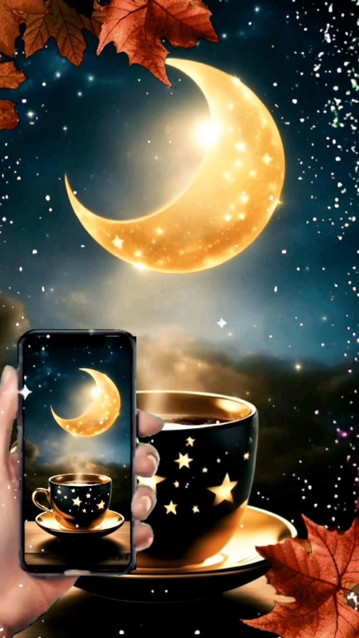 Открытка «Доброй ночи»: Спокойной ночи: Волшебная чашка под сияющей луной. Тэги: Спокойной ночи, Спокойной ночи…