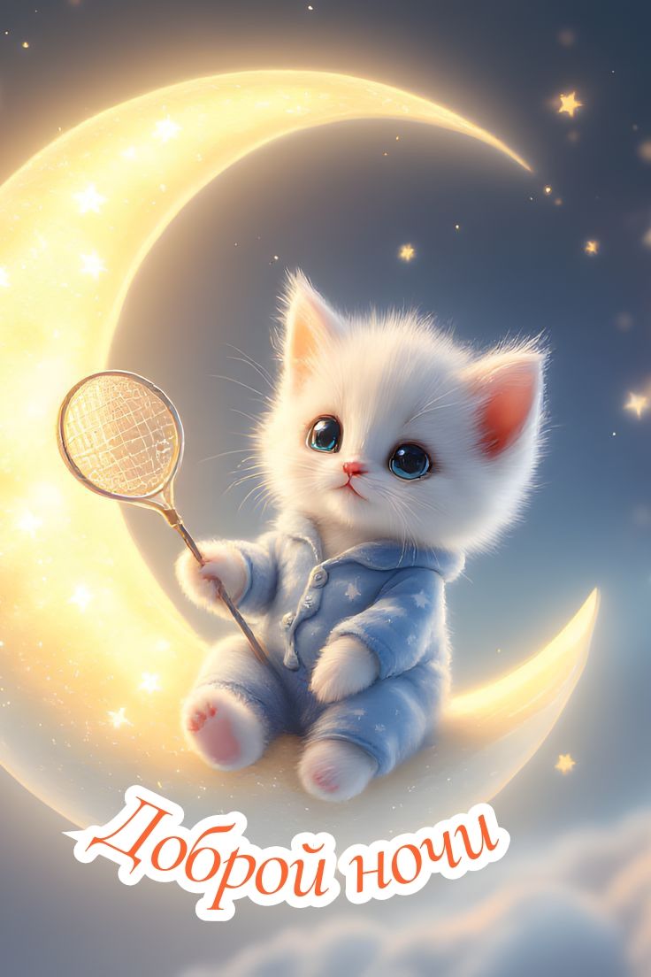 Открытка «Доброй ночи»: Доброй ночи: Милый котенок на золотом месяце. Тэги: Спокойной ночи, Спокойной ночи, с пожелан…