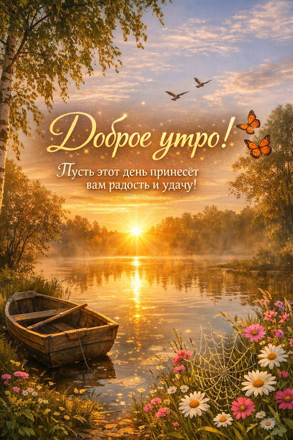Открытка «С добрым утром»: С добрым утром: солнечный рассвет у реки. Тэги: С добрым утром и удачного дня, С добрым ут…