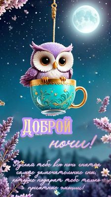 Открытка «Доброй ночи»: Доброй ночи: Милая сова в чашке и лунный свет. Тэги: Спокойной ночи, проза, Спокойной ночи…