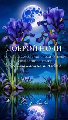 Открытка «Доброй ночи»: Открытка доброй ночи с ирисами под луной. Тэги: Спокойной ночи, Спокойной ночи, красивые…