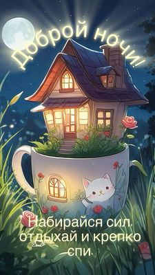 Открытка «Доброй ночи»: Доброй ночи: сказочный домик в чашке. Тэги: Спокойной ночи, Спокойной ночи, красивые, Спокойн…