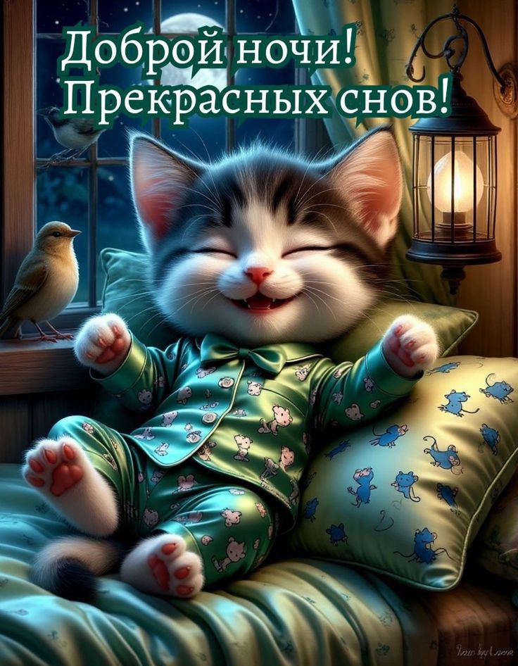 Открытка «Доброй ночи»: Доброй ночи: Милый котенок в пижаме и прекрасные сны. Тэги: Спокойной ночи, Спокойной ночи…