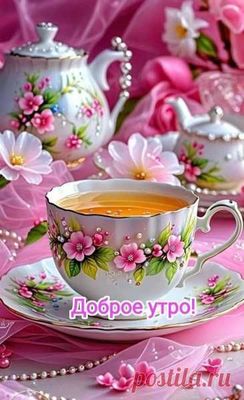 Открытка «С добрым утром»: С добрым утром: изысканный завтрак в розовых тонах. Тэги: Хорошего настроения, С добрым…