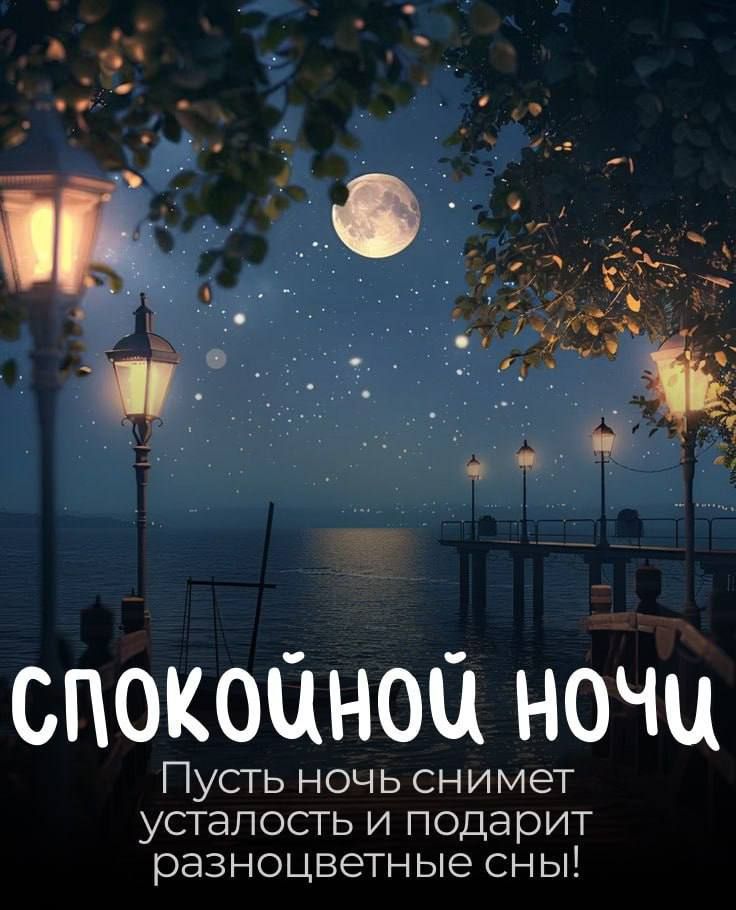 Открытка «Доброй ночи»: Спокойной ночи: Лунная набережная и звездное небо. Тэги: Спокойной ночи, Спокойной ночи…