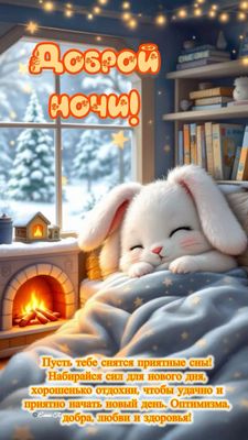 Открытка «Доброй ночи»: Доброй ночи: милый кролик в уютном зимнем доме. Тэги: Спокойной ночи, проза, Спокойной ночи…
