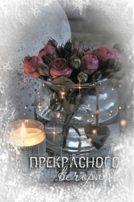 Открытка «Пожелание»: Добрый вечер: «Прекрасного вечера» с цветами и свечой. Тэги: надпись, сердце, уют, зима, мороз…