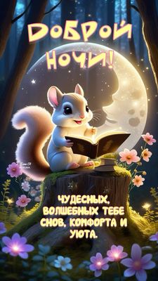Открытка «Доброй ночи»: Доброй ночи: Белочка с книгой в волшебном лесу. Тэги: лесной