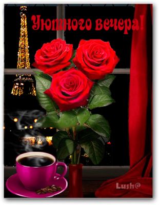 Открытка «Добрый вечер и пожелания»: Добрый вечер: «Розы и кофе в Париже». Тэги: Добрый вечер красивые, Добрый вечер…