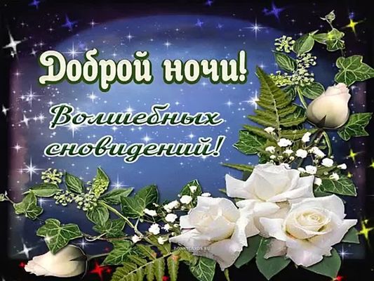 Открытка «Доброй ночи»: Доброй ночи: «Волшебные сновидения» и белые розы. Тэги: Спокойной ночи, Спокойной ночи…