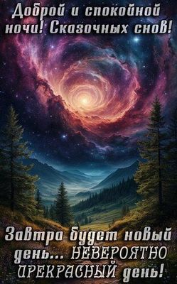 Открытка «Доброй ночи»: Доброй ночи: «Космический пейзаж и сказочные сны». Тэги: Спокойной ночи, галактика, Спокойной…