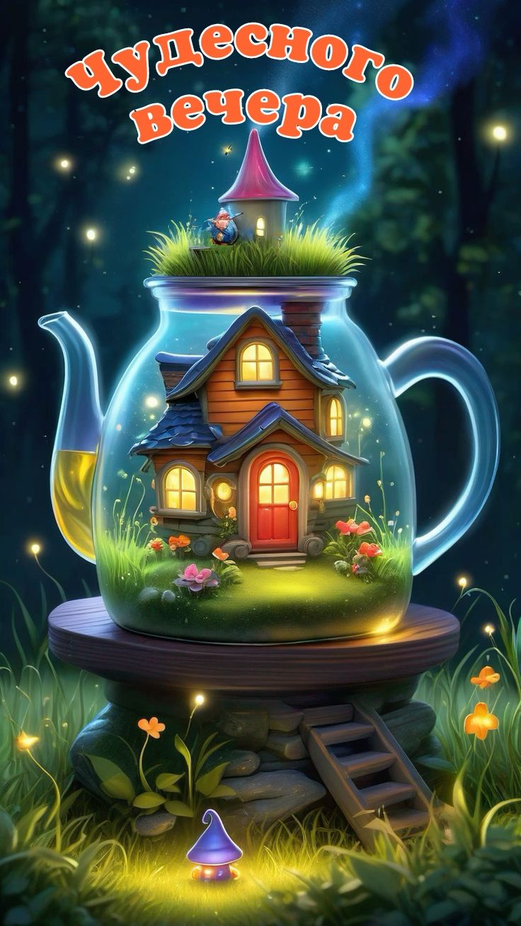 Открытка «Добрый вечер и пожелания»: Добрый вечер: «Сказочный домик в чайнике». Тэги: Необычный добрый вечер, Добрый…