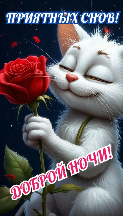 Открытка «Доброй ночи»: Спокойной ночи: «Белый кот с красной розой». Тэги: Спокойной ночи, Спокойной ночи, с пожелани…