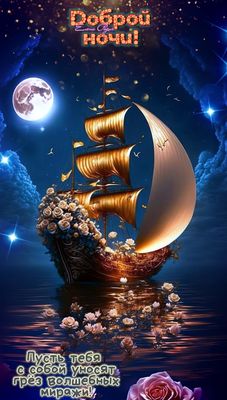 Открытка «Доброй ночи»: Доброй ночи: Волшебный корабль и пожелание грез. Тэги: Спокойной ночи, греза, мираж, Спокойно…