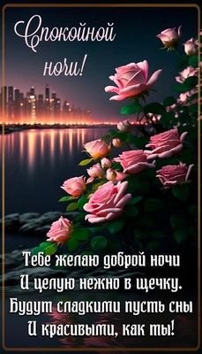 Открытка «Доброй ночи»: Спокойной ночи: красивые розовые розы у воды. Тэги: Спокойной ночи, любимая женщина, Спокойно…