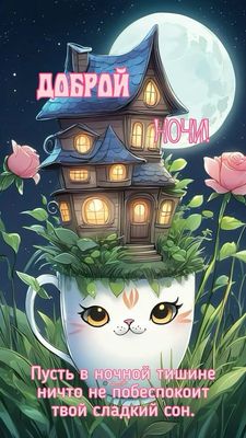 Открытка «Доброй ночи»: Доброй ночи: Волшебный домик в чашке с котиком. Тэги: Спокойной ночи, пожелание, кот, надпись…