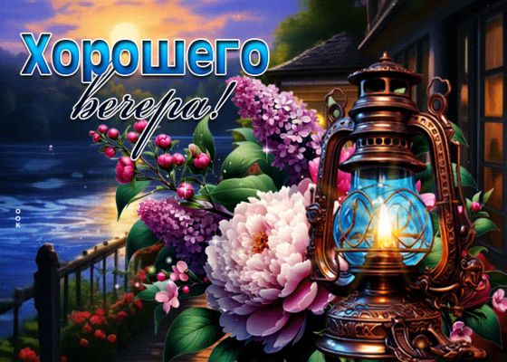 Открытка «Пожелание»: Добрый вечер: «Волшебный закат с пионами и фонарем». Тэги: настроение, хороший, лето, цветок…