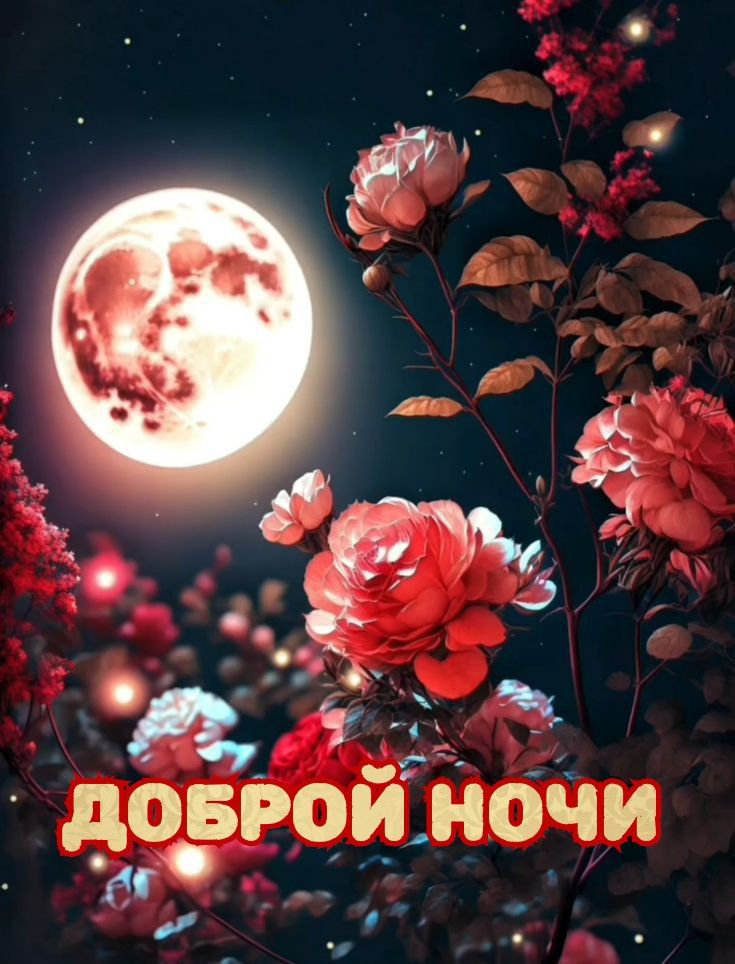 Открытка «Доброй ночи»: Доброй ночи: красивые розы под сиянием полной луны. Тэги: Спокойной ночи, Спокойной ночи…