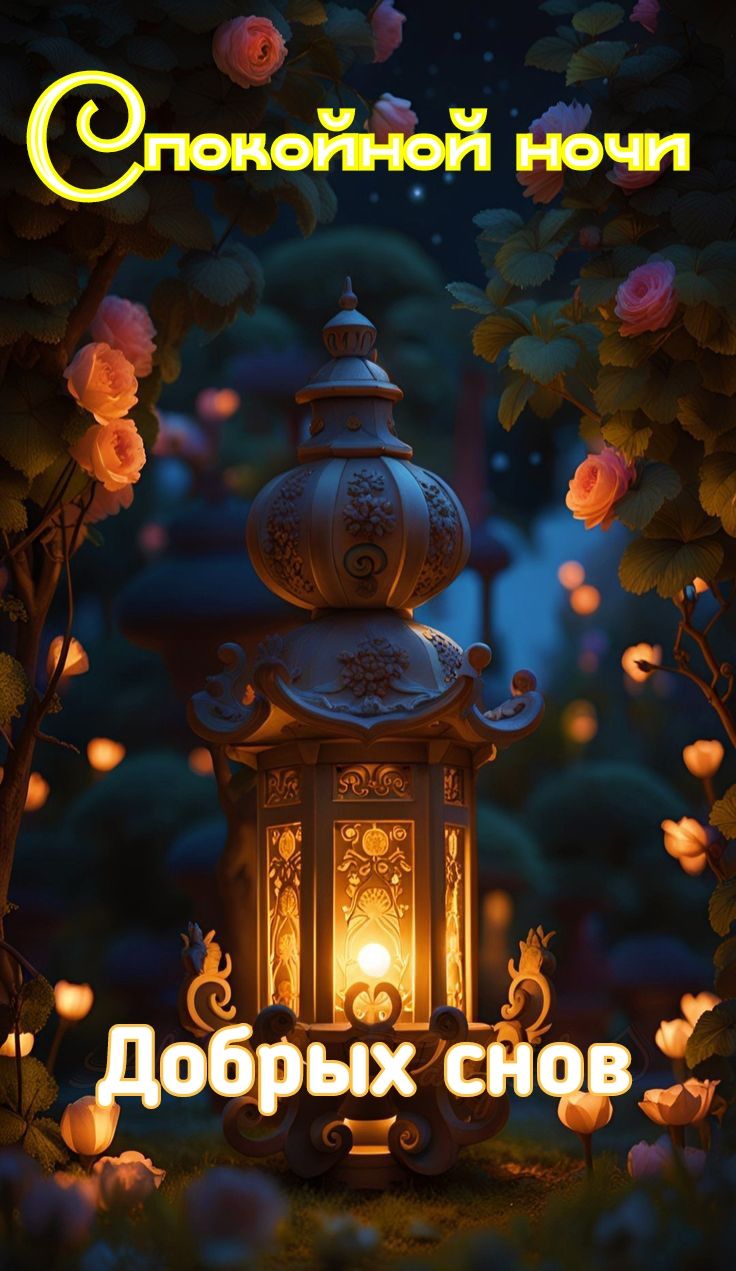 Открытка «Доброй ночи»: Спокойной ночи: магический фонарь и нежные розы. Тэги: Спокойной ночи, Спокойной ночи, красив…