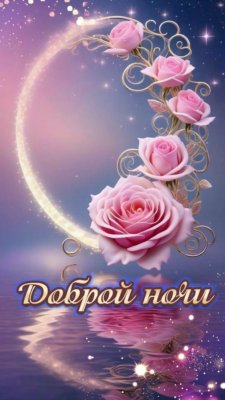 Открытка «Доброй ночи»: Доброй ночи: красивые розовые розы и полумесяц. Тэги: Спокойной ночи, Спокойной ночи, красивые…