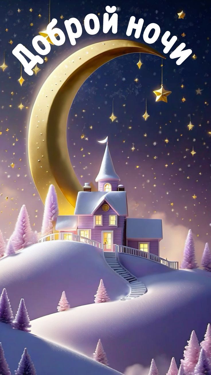 Открытка «Доброй ночи»: Доброй ночи: «Волшебный домик под золотым месяцем». Тэги: Спокойной ночи, Спокойной ночи…
