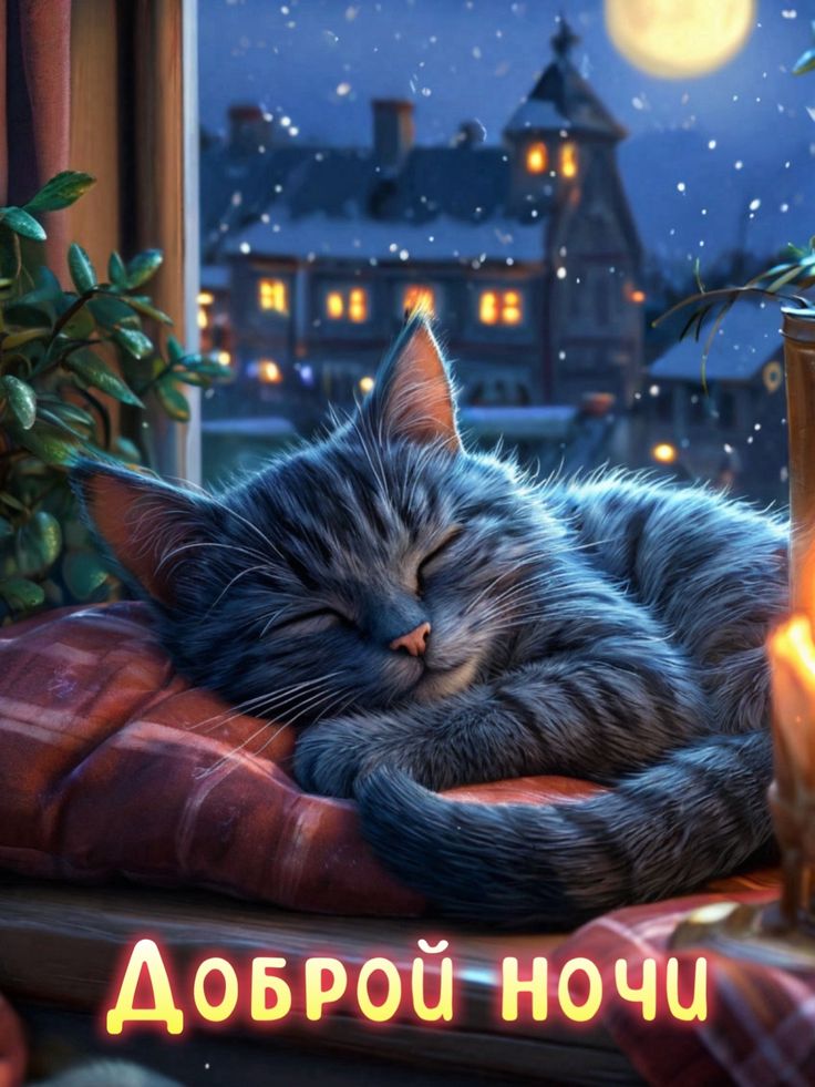 Открытка «Доброй ночи»: Доброй ночи: милый спящий кот и зимний вечер. Тэги: Спокойной ночи, Спокойной ночи, красивые…